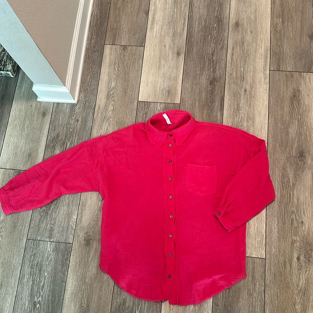 Zenana Hot Pink Cotton Gauze Button Down Shirt